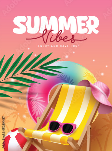 Summer Vibes clipart poster design. Summer vibes text in pink tropical palm trees background with summer elements like beach chair, floaters, hat, sunglasses, beachball and palm leaves for holiday 