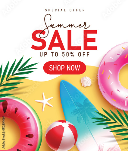 Summer Sale clipart poster design. Summer Sale banner template clip art with summer elements in beach abstract background for summer break flier advertisement vector illustration.
