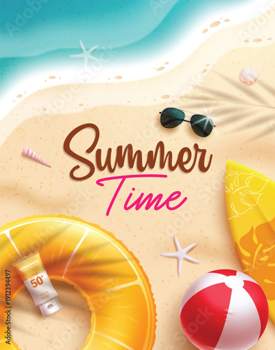 Summer Time text clipart poster design. Summer Time text in seashore beach background with summer elements clip art for vacation holiday postcard template vector illustration.

