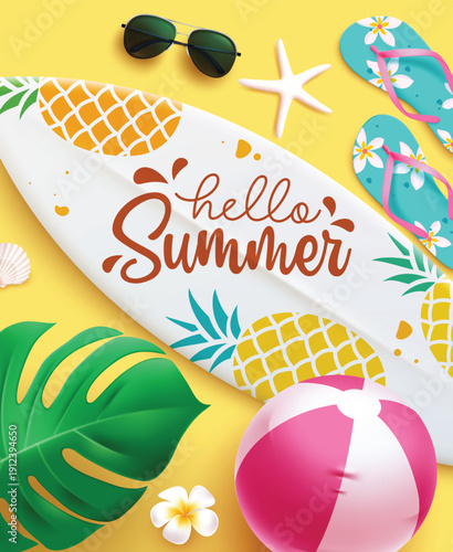 Hello Summer greeting clipart poster design. Hello Summer greeting text in surfboard with printed pineapple and summer elements like monstera leaves, beach ball, flipflop and sunglasses in yellow 