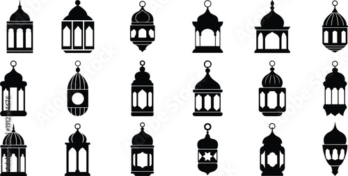 Collection of traditional Arabic lantern silhouettes representing Ramadan Kareem, Islamic festival decor, Eid Mubarak celebration elements, ornamental hanging lamps set isolated on white background