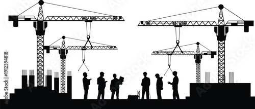 Construction site silhouettes with cranes and workers coordinating building project representing engineering development teamwork and industrial progress 
