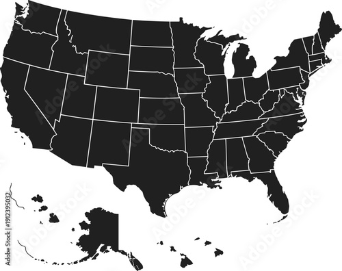 Detailed United States map silhouette with state borders including Alaska and Hawaii, black and white USA political outline vector isolated on light background