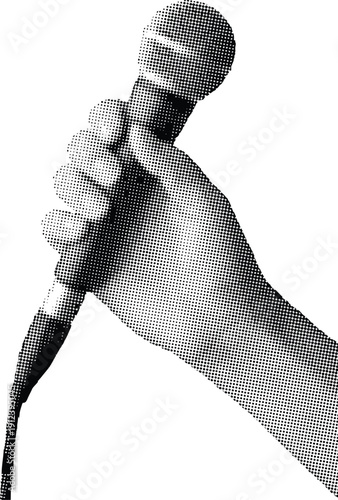 A hand grasping a microphone in a stippled illustration