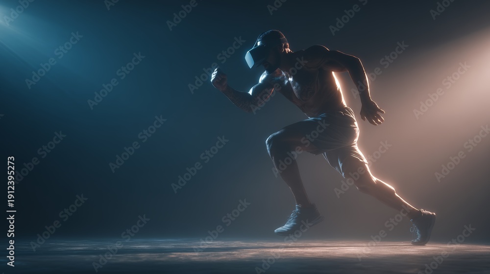 Obraz premium Athlete performs motion in dark studio space with VR headset under spotlight