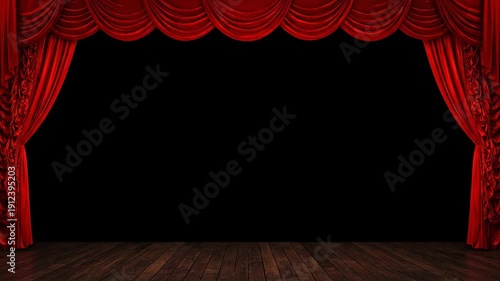 Open red velvet theater curtains on a wooden stage floor with black background, ready for performance