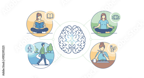 Illustration depicting various activities promoting brain health and mental well-being, including reading, meditation, walking, and healthy eating.