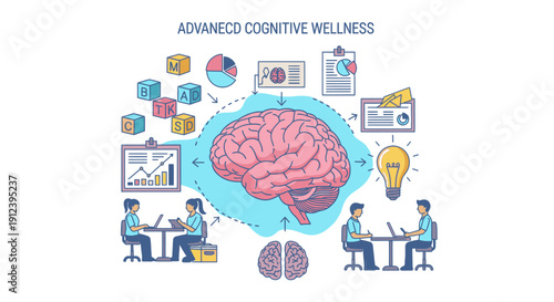Illustration depicting advanced cognitive wellness with a central brain, data analysis, business metrics, and people collaborating on laptops.
