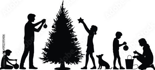 Family silhouettes decorating Christmas tree with children and parents celebrating winter holiday tradition together isolated on white background for festive celebration and seasonal design use