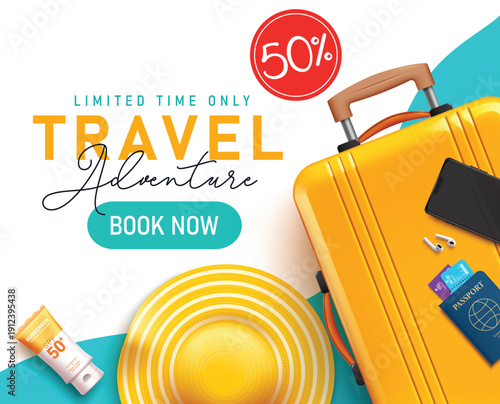 Travel adventure booking clipart design. Travel adventure promo limited time offer online booking clip art for international flight banner template with summer elements in abstract background vector 