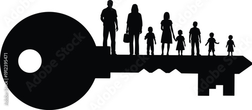 Family silhouettes standing on large house key symbolizing home ownership, property investment security, real estate protection and mortgage concept isolated on gray background
