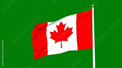 Waving Canadian Flag on Flagpole with Green Screen Background
