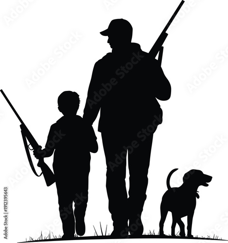 Father and son hunter silhouettes walking with rifles and dog representing outdoor tradition bonding mentorship and wildlife hunting activity isolated on white background for rural lifestyle design