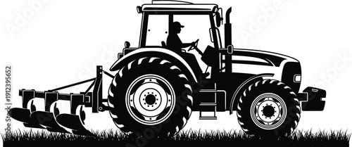 Farmer driving tractor with plow on field, agricultural machinery silhouette isolated on gray background, farming and rural cultivation vector illustration