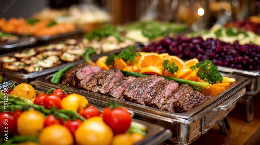 Obraz premium Buffet food display in restaurant with meat, fruits, and vegetables served for guests during dinner event