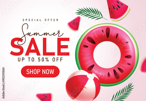 Summer Sale promo clipart poster design. Summer Sale shopping discount clip art with watermelon floater and beach ball element tropical season banner template promotion advertisement vector 