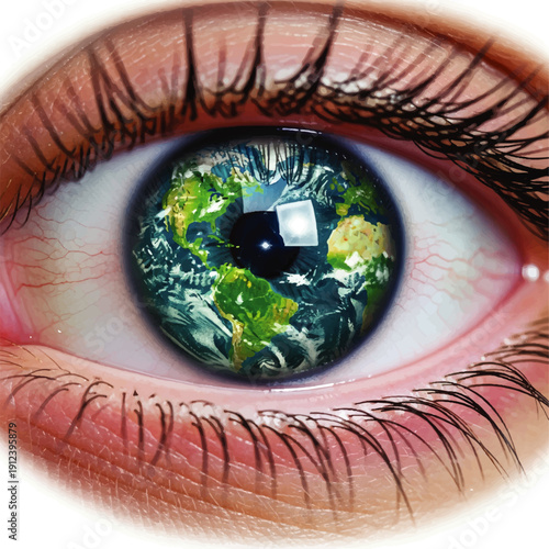A close-up view of a human eye reflecting a vibrant planet earth in the iris, surrounded by lush greenery and trees