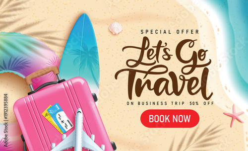 Travel promo clipart banner design. Travel Sale special offer booking discount clip art with luggage bag, floater, and surfboard in seashore beach background for international flight business trip