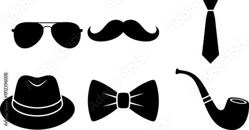 Gentleman accessories icons set with sunglasses mustache tie hat bow tie and smoking pipe in classic black vector silhouette style for vintage design