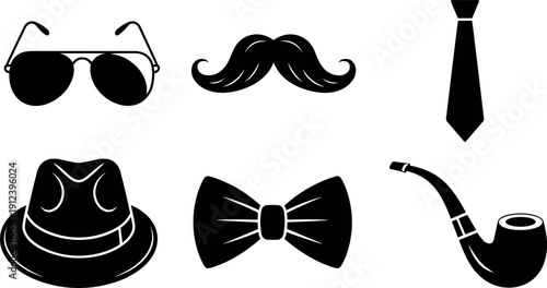Gentleman fashion icons set featuring sunglasses mustache tie hat bow tie and smoking pipe in elegant black vector silhouette style for vintage branding design