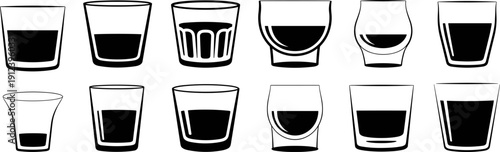 Glassware silhouette set featuring whiskey, cocktail, juice, and water glasses, black vector drinkware icons for bars, restaurants, packaging, menus, hospitality branding, and beverage design projects