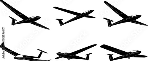 Glider airplane silhouettes set in different flight angles, black sailplane aircraft collection isolated on white background, detailed vector illustration for aviation and aeronautical design