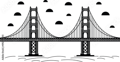 Golden Gate Bridge silhouette over water with clouds, iconic San Francisco landmark architecture isolated on gray background, detailed vector illustration