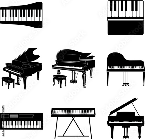 Grand and Upright Piano Keyboard Silhouette Collection, Black Acoustic and Digital Music Instruments Vector Set Isolated on White Background