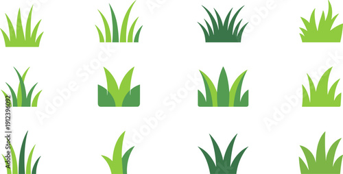 Green Grass Icons Set, Nature Lawn Plant Tuft Collection for Landscaping Garden Design Isolated Flat Vector Illustration on White Background