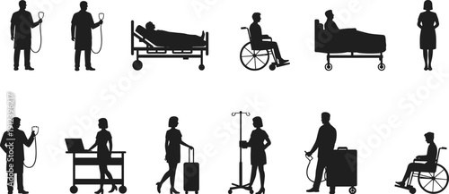 Hospital and healthcare people silhouettes set isolated on white background, doctors nurses patients caregivers icons, medical treatment scenes, flat design illustration for clinical services