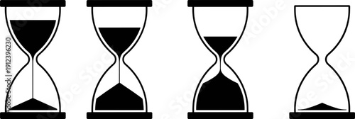 Hourglass silhouette icon set isolated on white background, black sand timer collection symbolizing time management, countdown, deadline concepts for business, web, apps and vector illustration