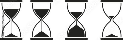 Hourglass silhouette icon collection isolated on white background, black sand timer set symbolizing time management, deadlines, countdown concepts for business, planning and vector illustration