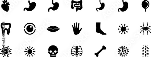 Human anatomy and body parts icon set featuring organs, bones, senses, and medical symbols, black silhouette illustration for healthcare education, biology diagrams, 