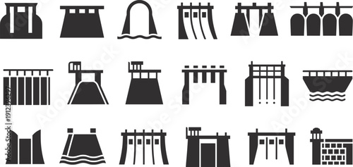 Hydroelectric dam silhouettes set with spillways and power stations, black water control infrastructure collection isolated on white background vector illustration for energy industry