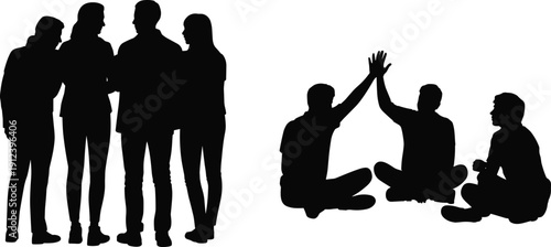 Group of Friends Silhouette Set Talking and High Five Gesture Vector Illustration Isolated on White Background for Teamwork, Friendship and Social Concept