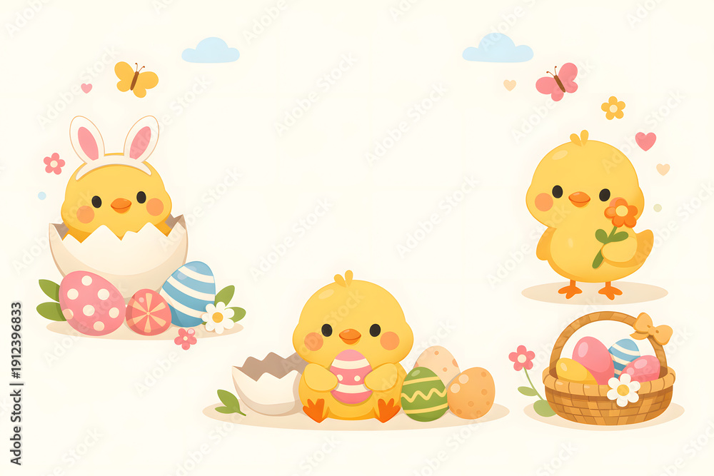 Naklejka premium A colorful Easter illustration featuring cartoon chicks and eggs in a festive setting Easter Day