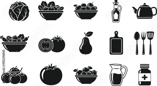 Healthy food and kitchen utensil silhouettes set including vegetables, fruits, olive oil, teapot and medicine bottle isolated on gray background, vector illustration collection