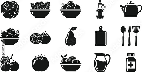 Healthy food and kitchen utensil silhouette icon set with vegetables, fruits, olive oil, teapot and medicine bottle isolated on gray background vector illustration