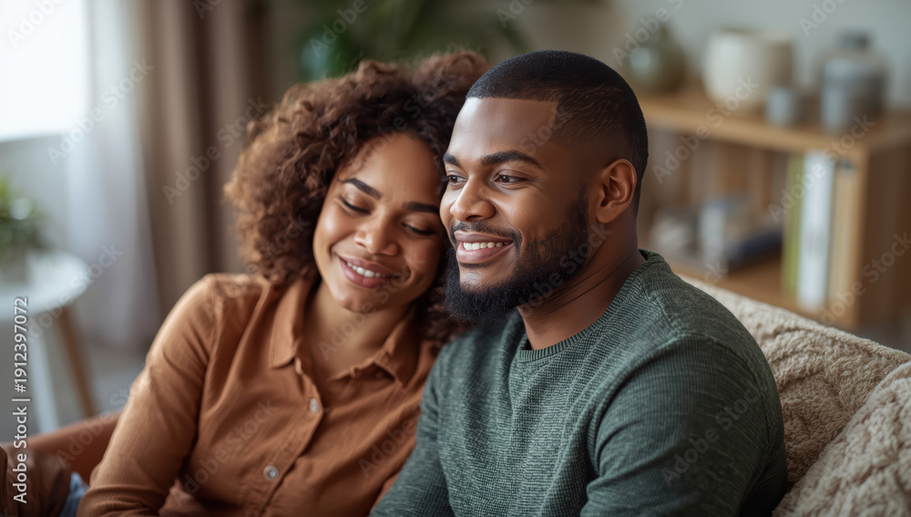 Fototapeta premium Smiling couple cuddling on sofa in cozy living room, warm affectionate moment