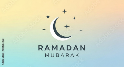 Ramadan mubarak greeting card with crescent moon and stars on colorful gradient background for muslim holiday celebration