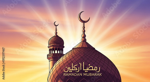 Ramadan mubarak greeting card with mosque domes at sunset with crescent moon islamic holiday background
