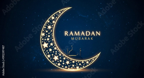 Ramadan mubarak greeting with glowing crescent moon and stars on dark blue background with mosque silhouette
