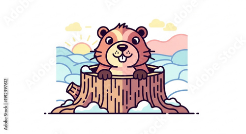 Smiling brown beaver cartoon character sitting on tree stump in snowy landscape with sunny sky