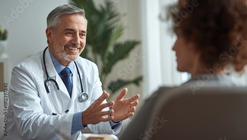 Smiling middle aged male doctor talking with patient in clinic, reassuring and professional