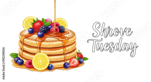 A stack of pancakes with fruits and syrup on Shrove Tuesday or Pancake Day celebration