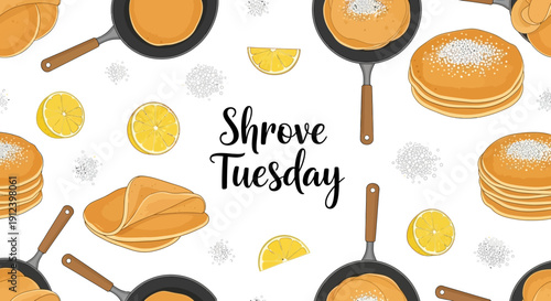 Illustrations of pancakes, frying pans, and ingredients for Shrove Tuesday or Pancake Day celebrations