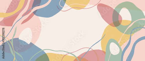 Panoramic Abstract Vector Banner with Pastel Geometric Shapes, Organic Blobs, and Egg-Shaped Cutouts on Textured Background; Modern Minimalist Frame Design with Copy Space for Creative Web Headers