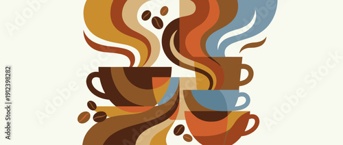 Panoramic vector banner illustration of a coffee shop theme with abstract steaming coffee cups, swirling aromatic steam, and scattered coffee beans in a modern graphic art style for cafe decor.