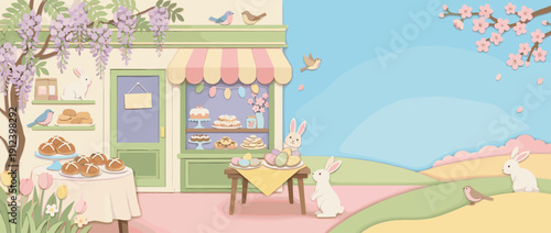 Whimsical Easter bakery banner illustration in paper-cut style featuring hot cross buns, decorated egg cookies, cute bunnies, birds, wisteria, and cherry blossoms in a pastel spring landscape.