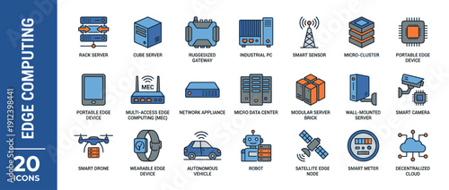Professional Edge Computing Icon Set Featuring 20 Vector Illustrations of Micro Servers, Industrial PCs, Smart Sensors, MEC, Data Centers, Smart Cameras, Drones, Robots, and Autonomous Vehicles.